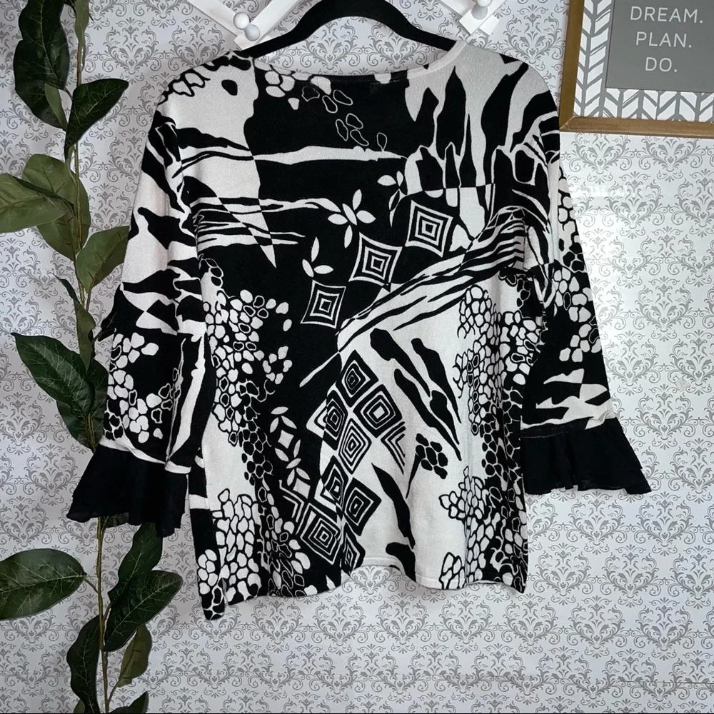 a la Carter blouse women’s size large black-white top 3/4 sleeve ruffle - Picture 7 of 15